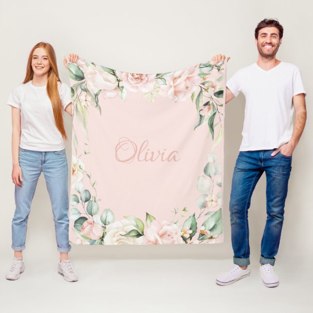 Rosa Blommigt Watercolor Namn Flicka Fleecefilt (På plats)