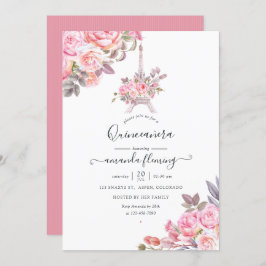 Rosa Blommigt Watercolor Paris Quinceañera Inbjudningar