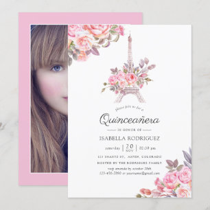 Rosa Blommigt Watercolor Paris Quinceañera Photo Inbjudningar