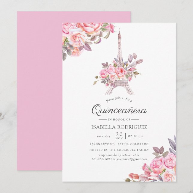 Rosa Blommigt Watercolor Paris themed Quinceañera Inbjudningar (Fram/baksida)