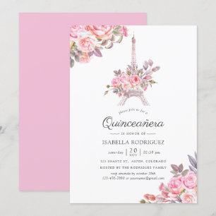 Rosa Blommigt Watercolor Paris themed Quinceañera Inbjudningar