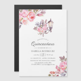 Rosa Blommigt Watercolor Paris themed Quinceañera Magnetisk Inbjudningskort