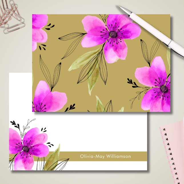 Rosa Blommigt Watercolor Personlig Stationery Anteckningskort (Pink floral watercolor notecards with personalized name )