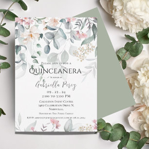Rosa Blommigt Watercolor Quinceañera Inbjudningar