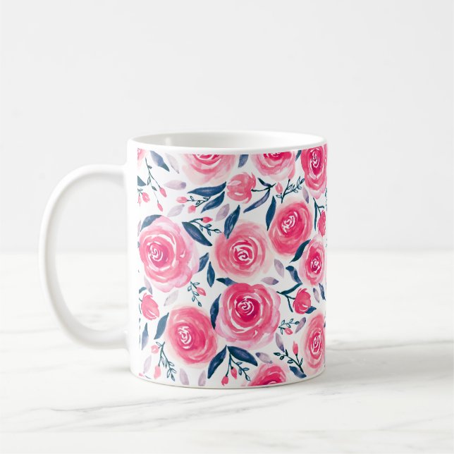 Rosa Blommigt Watercolor Ro Mönster Kaffemugg (Vänster)