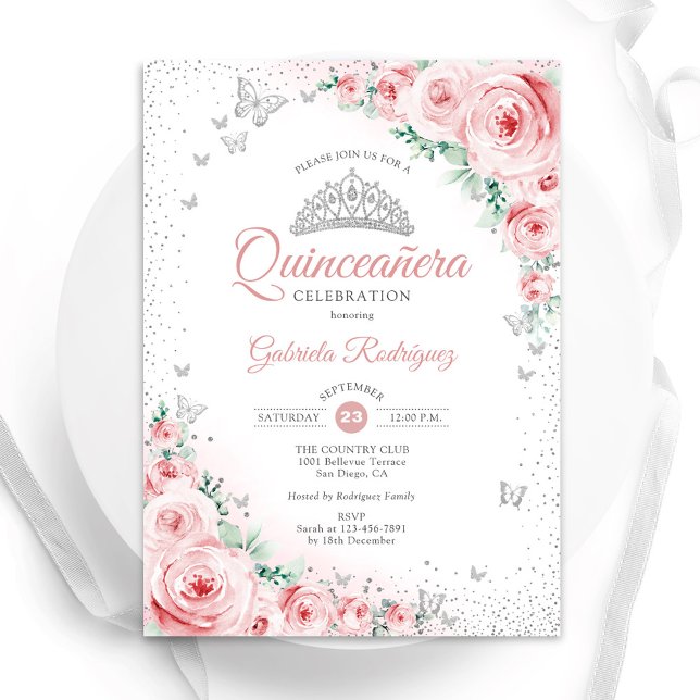  Rosa Blommigt Watercolor Ro Quinceanera Inbjudningar (Skapare uppladdad)