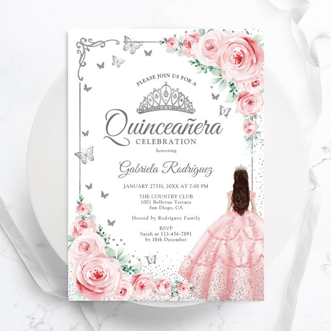 Rosa Blommigt Watercolor Ro Silver Quinceanera Inbjudningar (Skapare uppladdad)