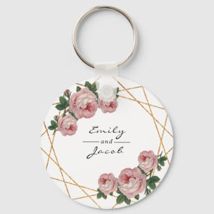 Rosa Blommigt Wed Elegant Guld Glitter Geometric Nyckelring
