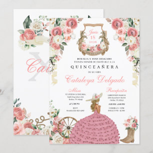 Rosa Blommigt Westernare Mariachi Charro Quinceañe Inbjudningar