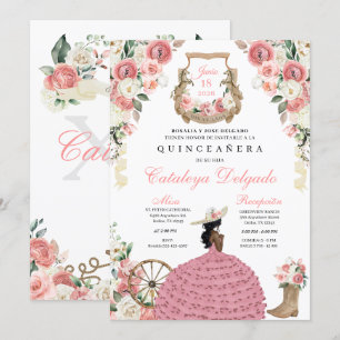 Rosa Blommigt Westernare Mariachi Charro Quinceañe Inbjudningar
