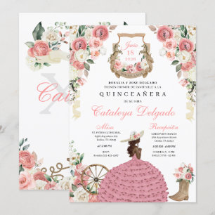 Rosa Blommigt Westernare Mariachi Charro Quinceañe Inbjudningar