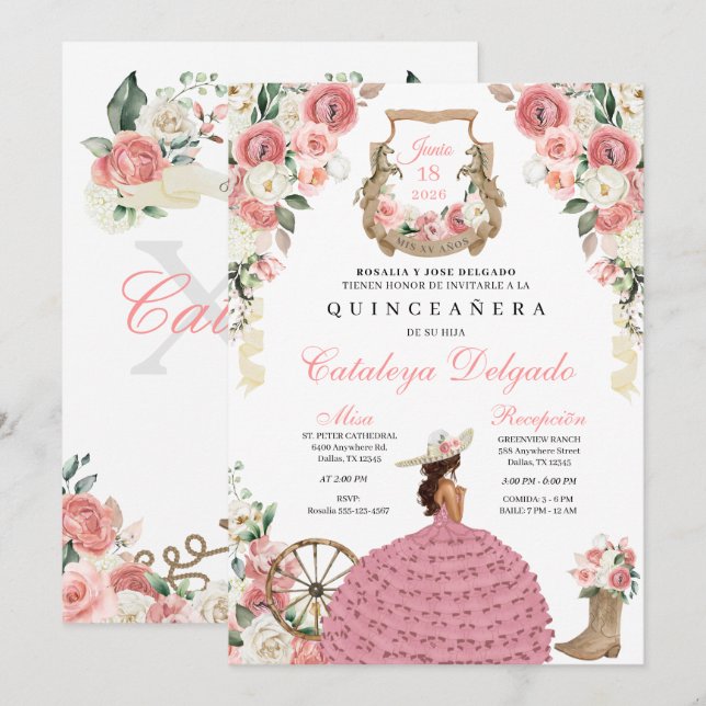 Rosa Blommigt Westernare Mariachi Charro Quinceañe Inbjudningar (Fram/baksida)