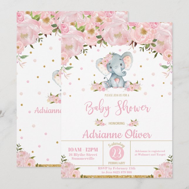 Rosa Blommigt Whimsical Elephant Girl Baby Shower Inbjudningar (Fram/baksida)