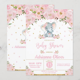 Rosa Blommigt Whimsical Elephant Girl Baby Shower Inbjudningar