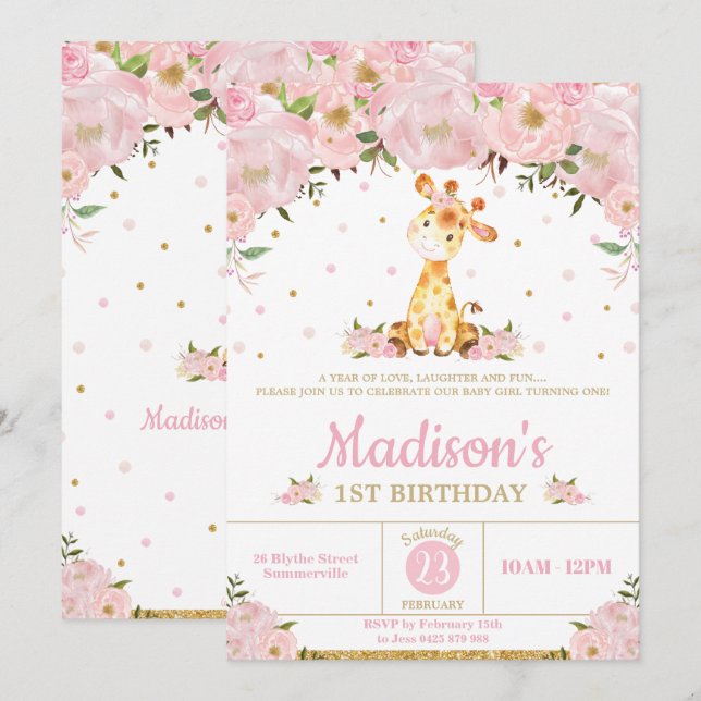 Rosa Blommigt Whimsical Giraffe Girl Födelsedagsfe Inbjudningar (Fram/baksida)
