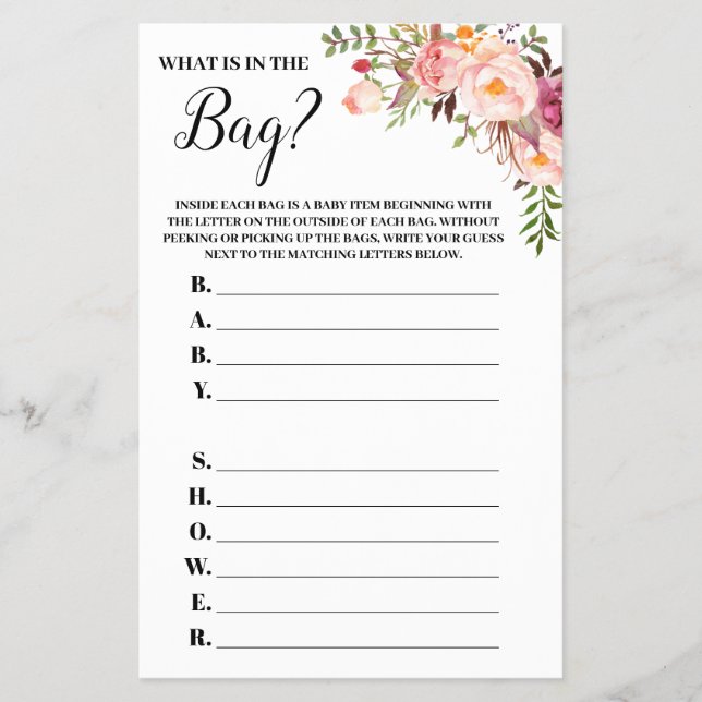 Rosa Blommigt Whin the Bag Baby Shower Game Card Flygblad (Framsidan)