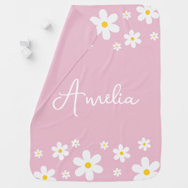 Rosa Blommigt White Daisy Namn Baby Blanket Bebisfilt
