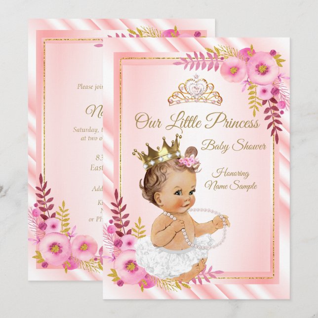 Rosa Blommigt White Princess Baby Shower Brunette Inbjudningar (Fram/baksida)