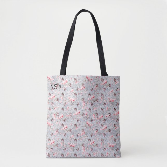 Rosa Blommigt & Winter Berries Monogram Tote Bag Tygkasse (Framsida)