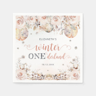 Rosa Blommigt Winter Onederland Girl Birthday Pappersservett