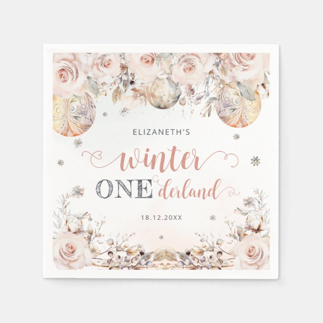 Rosa Blommigt Winter Onederland Girl Birthday Pappersservett (Framsidan)