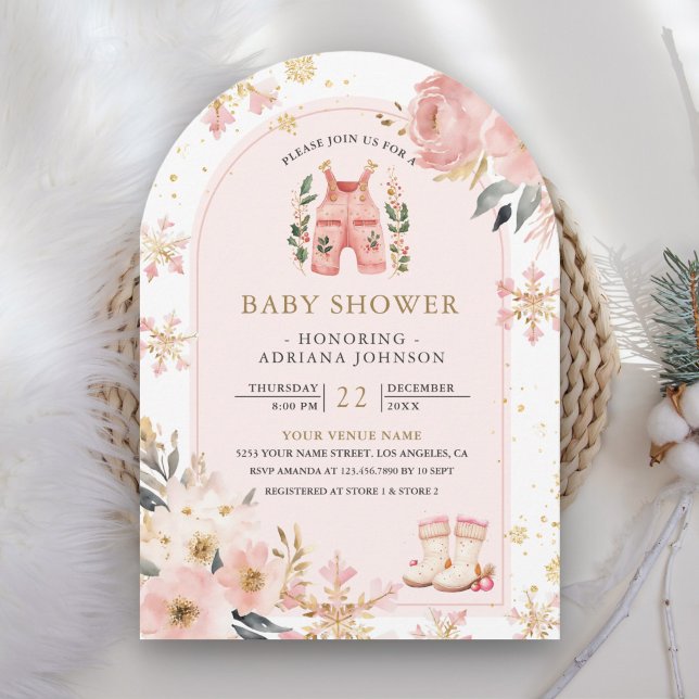 Rosa Blommigt Winter Wonderland Arch Baby Shower Inbjudningar (Skapare uppladdad)