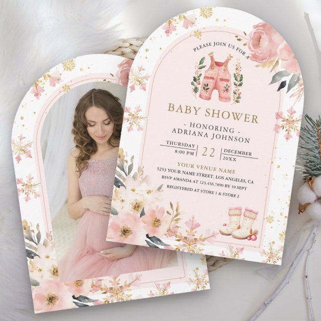Rosa Blommigt Winter Wonderland Photo Baby Shower Inbjudningar (Skapare uppladdad)