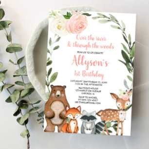 Rosa blommigt Woland Animo Flicka 1:a födelsedag Inbjudningar