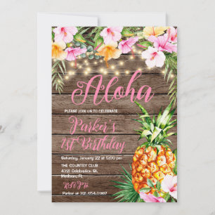 Rosa Blommigt Wood Aloha Pineapple Birthday Inbjudningar