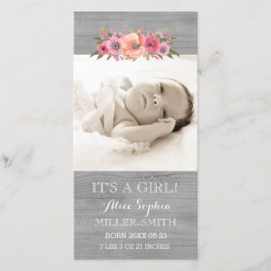 Rosa Blommigt Wood Photo Baby Birth Notice Meddelande