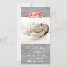 Rosa Blommigt Wood Photo Baby Birth Notice Meddelande