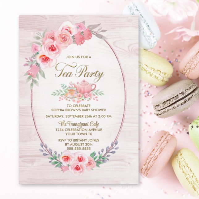 Rosa Blommigt Wood Tea Party Baby Shower Inbjudningar (Skapare uppladdad)