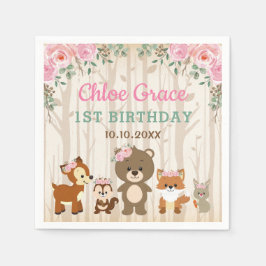 Rosa Blommigt Woodland 1:a födelsedagelådet Barnsh Pappersservett
