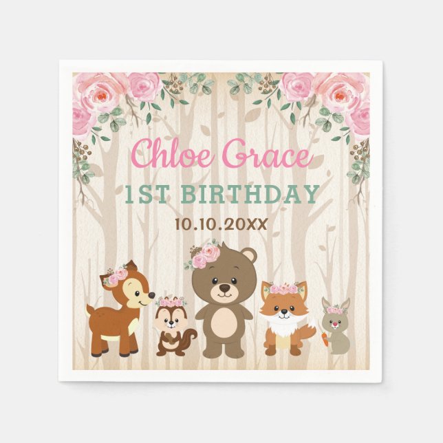 Rosa Blommigt Woodland 1:a födelsedagelådet Barnsh Pappersservett (Framsidan)