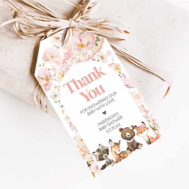 Rosa Blommigt Woodland Animal Baby Shower Favor Ta Presentetikett (Pink Flower Woodland Animals Baby Shower Favor Tags)