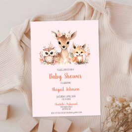 Rosa Blommigt Woodland Animal Baby Shower Inbjudningar