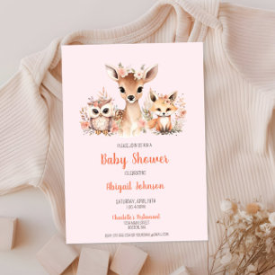 Rosa Blommigt Woodland Animal Baby Shower Inbjudningar