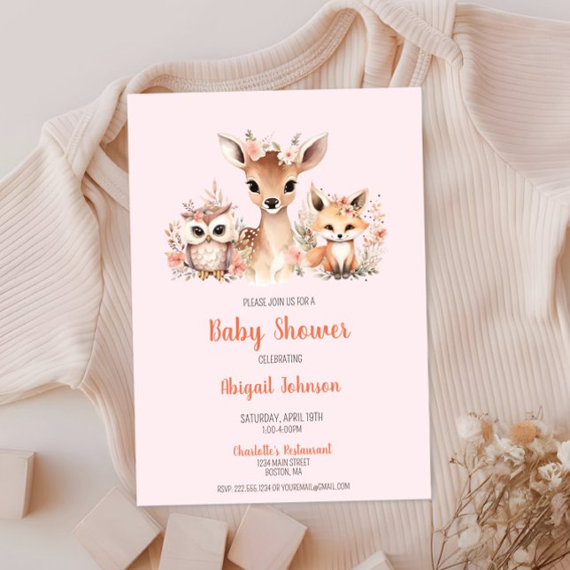 Rosa Blommigt Woodland Animal Baby Shower Inbjudningar (Boho Blush Pink Floral Woodland Animal Baby Shower, Deer Owl Fox, Baby Girl Shower, Chic Modern)