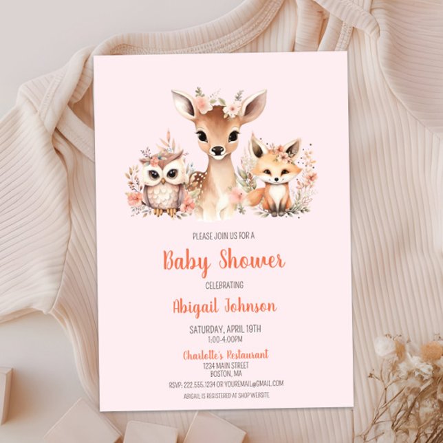 Rosa Blommigt Woodland Animal Baby Shower Inbjudningar (Boho Blush Pink Floral Woodland Animal Baby Shower, Deer Owl Fox, Baby Girl Shower, Chic Modern)