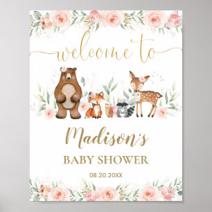 Rosa Blommigt Woodland Animal Baby Shower Välkomme Poster