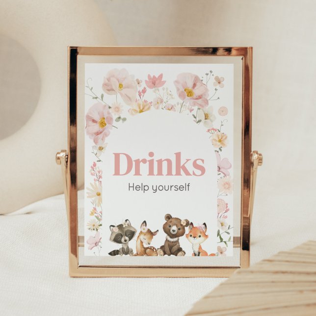 Rosa Blommigt Woodland Animals Baby Shower Drinks Poster (Pink Flower Woodland Animals Baby Shower Drinks Sign)