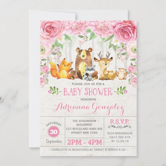 Rosa Blommigt Woodland Animals Baby Shower Inbjuda Inbjudningar (Framsida)