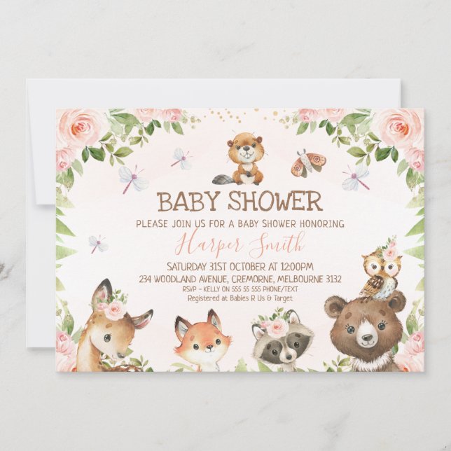 Rosa Blommigt Woodland Animals Baby Shower Inbjudningar (Framsida)