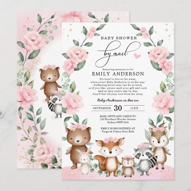  Rosa Blommigt Woodland Animals Baby Shower Inbjudningar (Fram/baksida)