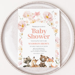 Rosa Blommigt Woodland Animals Baby Shower Inbjudningar
