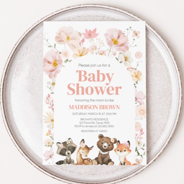 Rosa Blommigt Woodland Animals Baby Shower Inbjudningar (Pink Flower Woodland Animals Baby Shower Invitation)