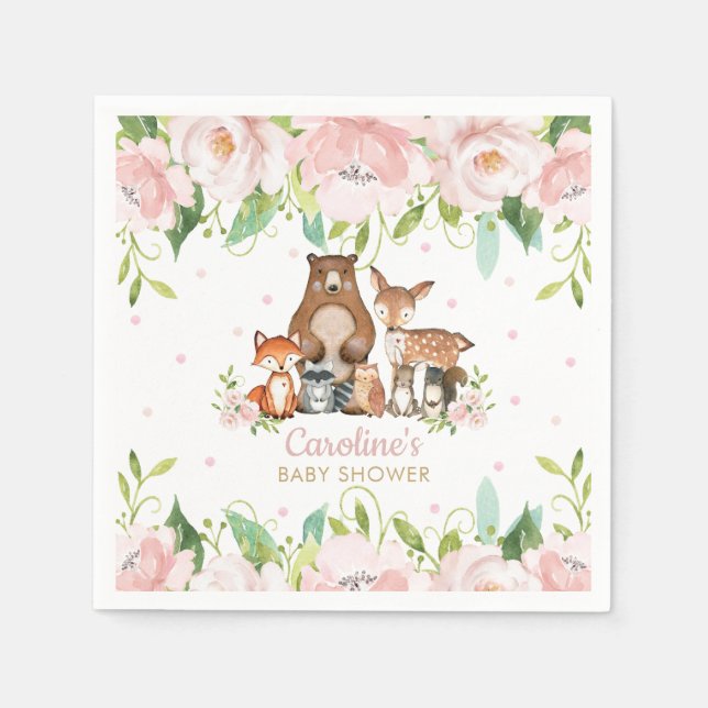  Rosa Blommigt Woodland Animals Baby Shower Pappersservett (Framsidan)