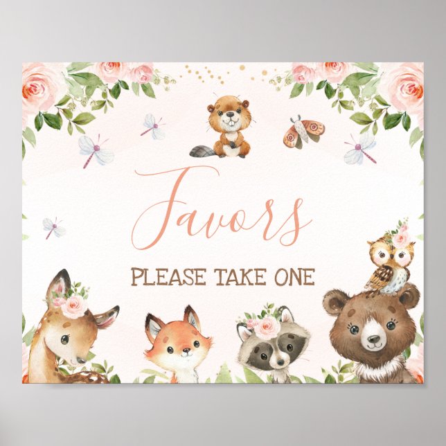Rosa Blommigt Woodland Animals Baby Shower Sign Si Poster (Framsidan)
