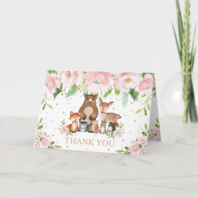  Rosa Blommigt Woodland Animals Baby Shower Tack Kort (Framsida)