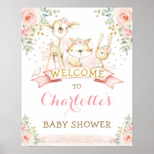 Rosa Blommigt Woodland Animals Baby Shower Välkomm Poster